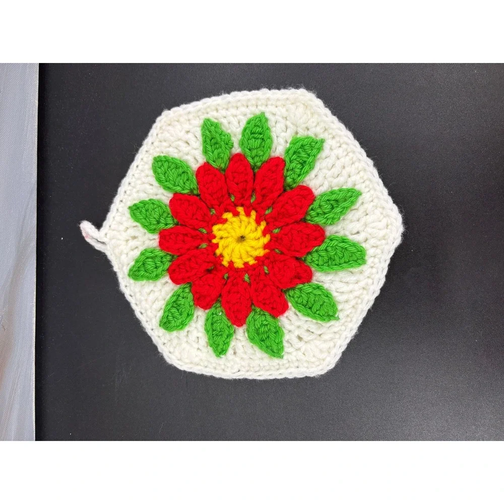 Vintage Handmade Crochet Potholder Red Flower Hexagon Trivet Hot Pad Grannycore